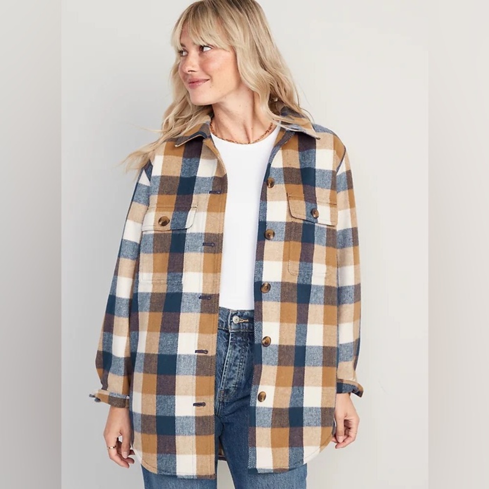 Old Navy Plaid Soft-Brushed Utility Shacket Women’s Size L Pockets Shirt Jacket
